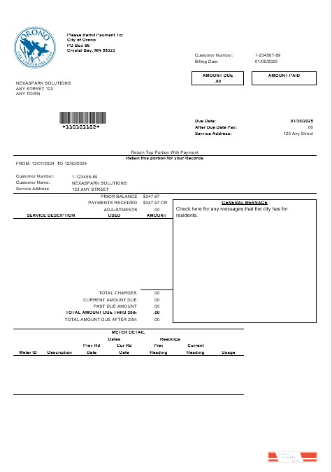 USA Nevada Orono The Lakehore City business utility bill template in Word and PDF formats